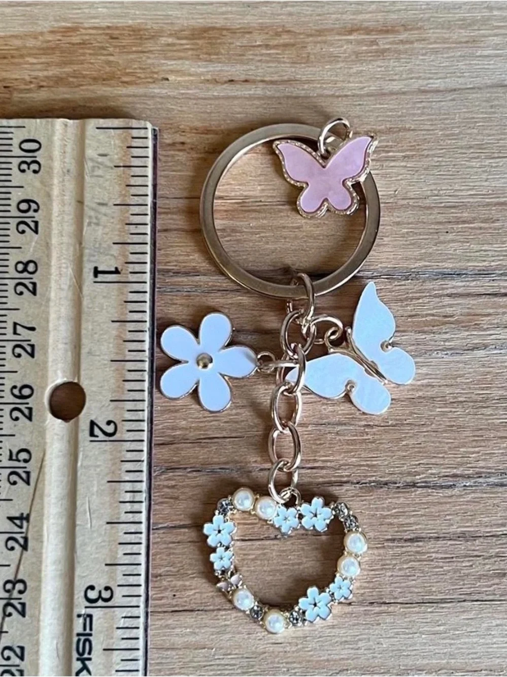Bag Charm/Keyring-Pink & White Floral Heart Keychain-Gold Plated